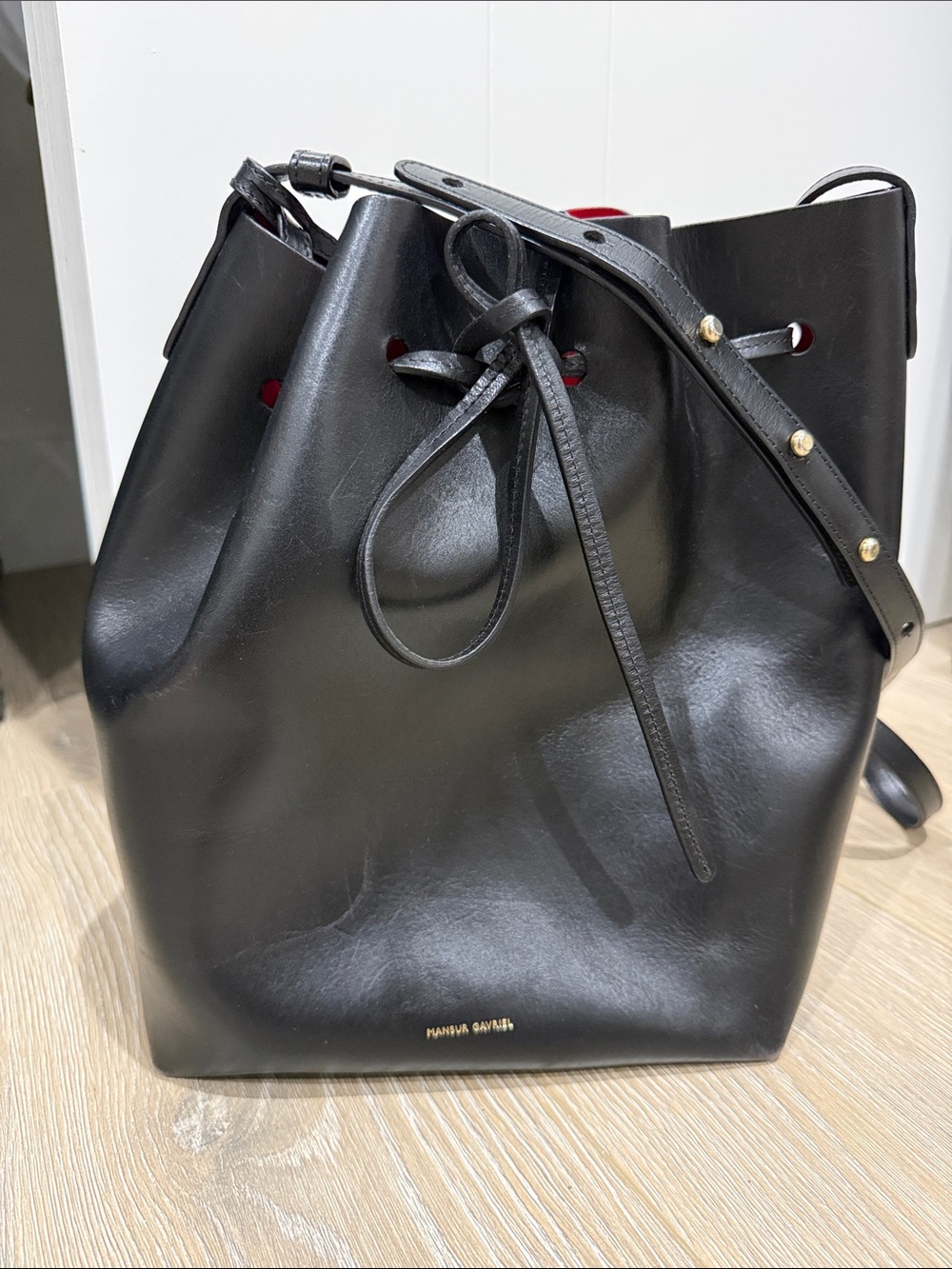 Mansur Gavriel Black Leather Bucket Bag with Red Lining